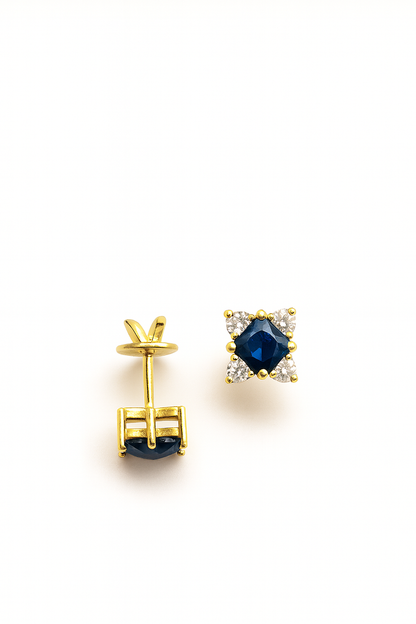 Sapphire Stud  Earrings – 18K Gold Micron Plated Princess-Cut with Zircon Halo