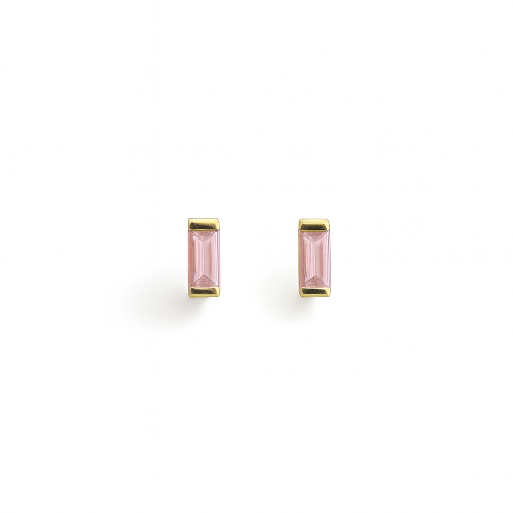 Pink Stud  Earrings – 18K Gold Micron Plated Baguette Design