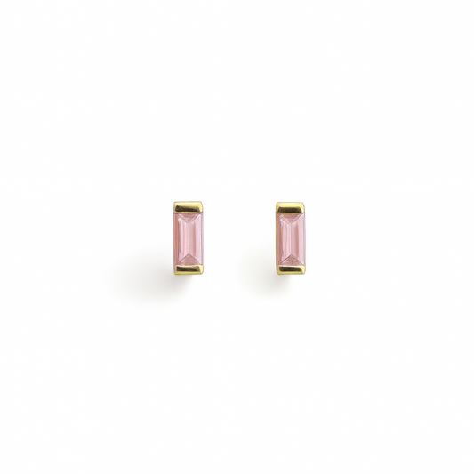 Pink Stud  Earrings – 18K Gold Micron Plated Baguette Design