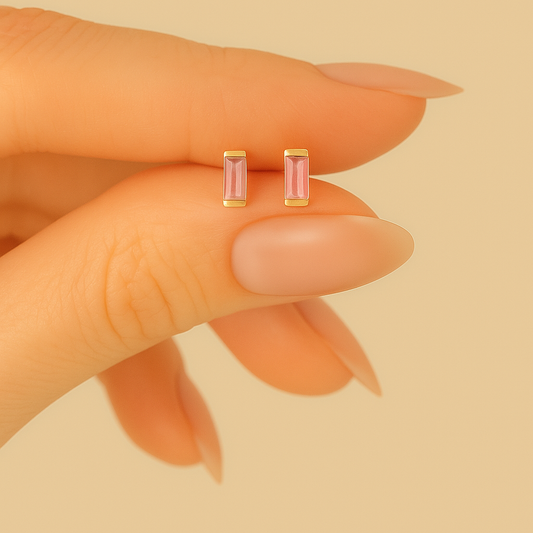 Pink Stud  Earrings – 18K Gold Micron Plated Baguette Design