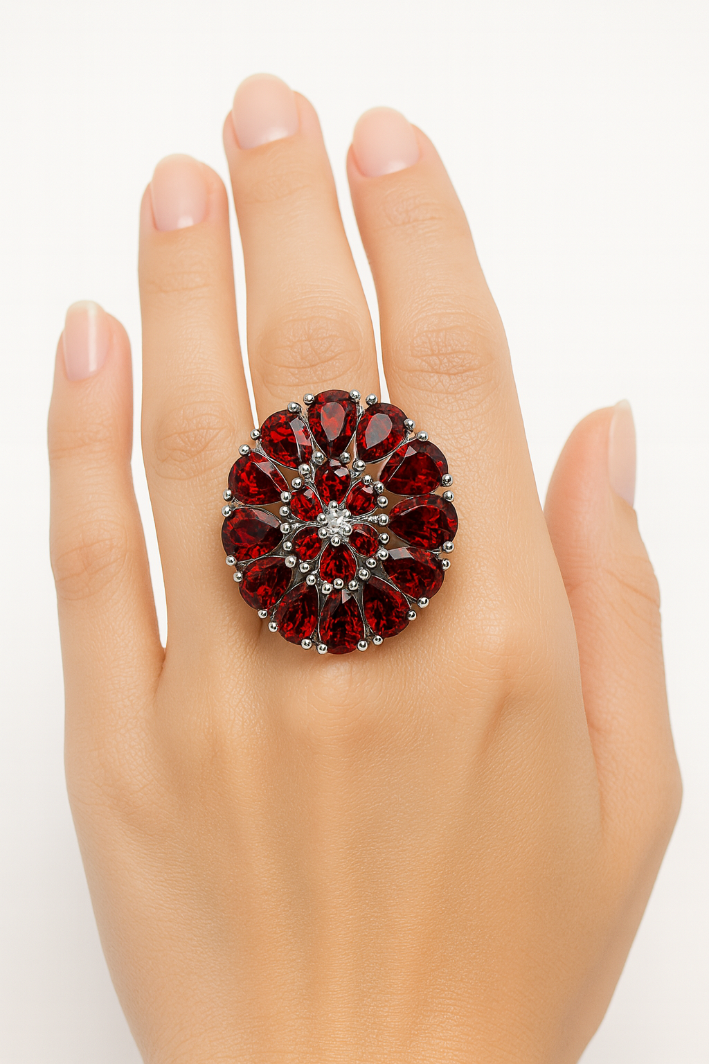 Garnet Cluster Ring in Sterling Silver 925