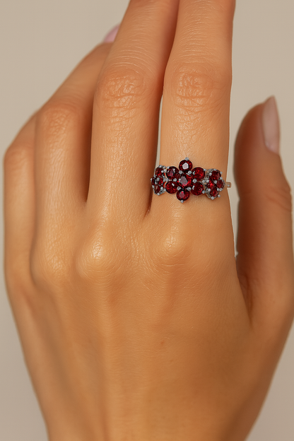 Garnet Blossom Silver Ring