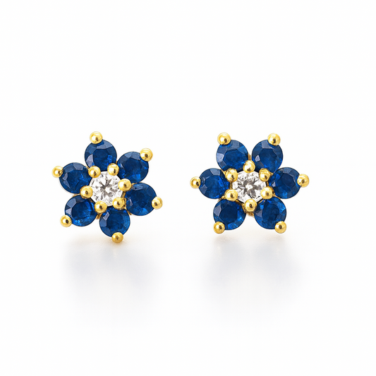 18K Gold Plated Floral Design - Sapphire Stud Earrings