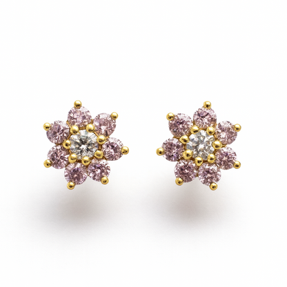 18K Gold Plated Floral Design Pink Stud Earrings
