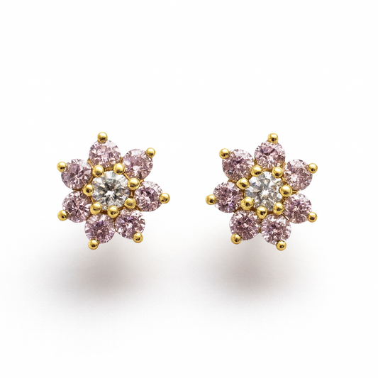 18K Gold Plated Floral Design Pink Stud Earrings