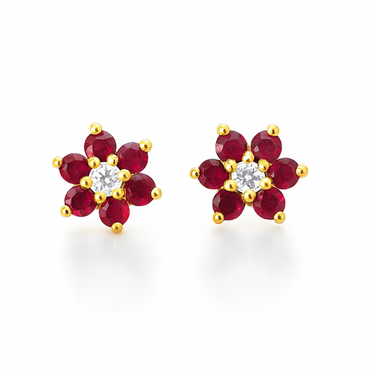 18K Gold Plated Floral Design - Ruby Stud Earrings