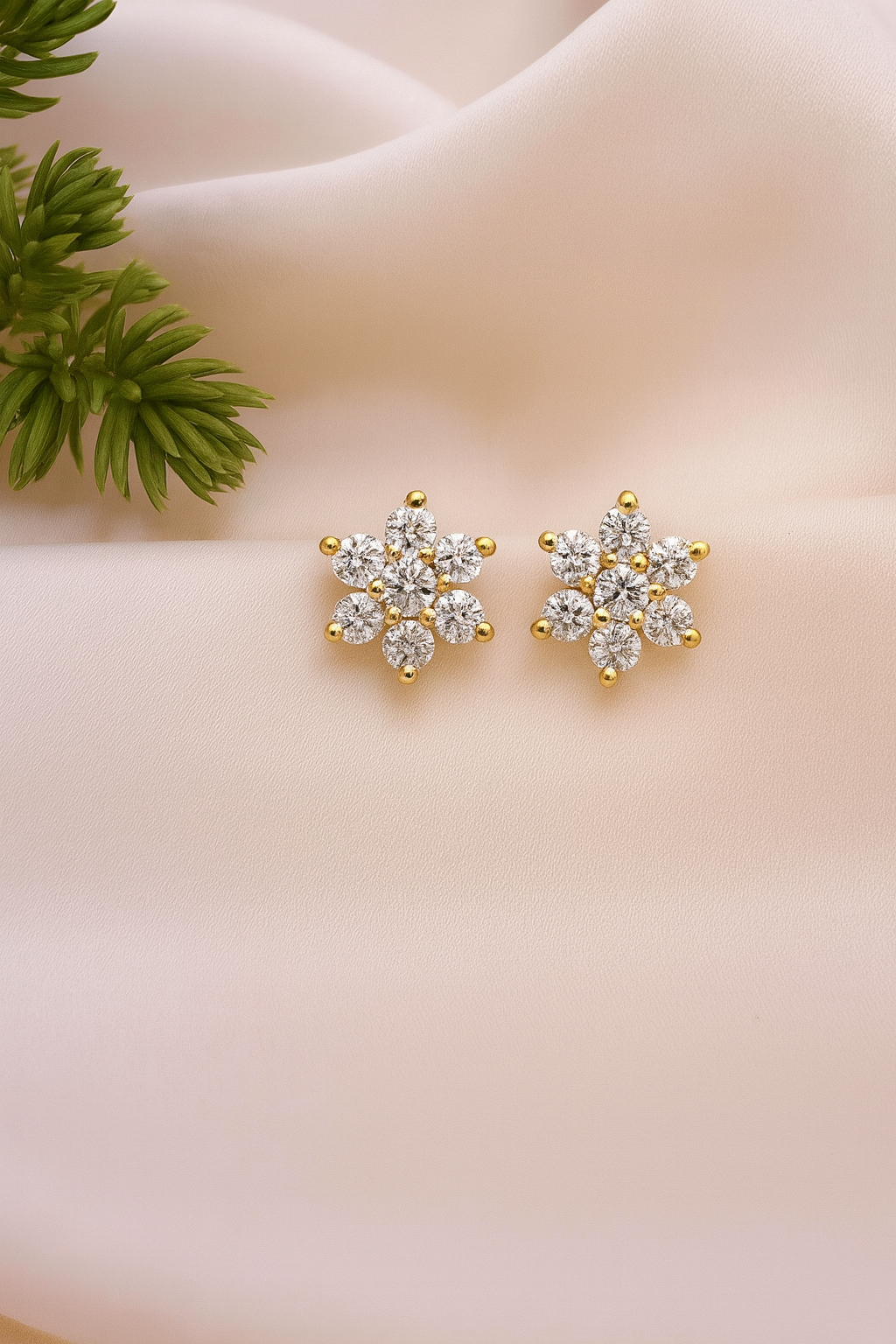 18K Gold Plated Floral Design CZ Diamond Stud Earrings