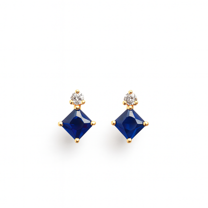 Sapphire Stud Earrings – 18K Gold Plated Princess Cut with Zircon Accent