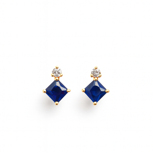 Sapphire Stud Earrings – 18K Gold Plated Princess Cut with Zircon Accent