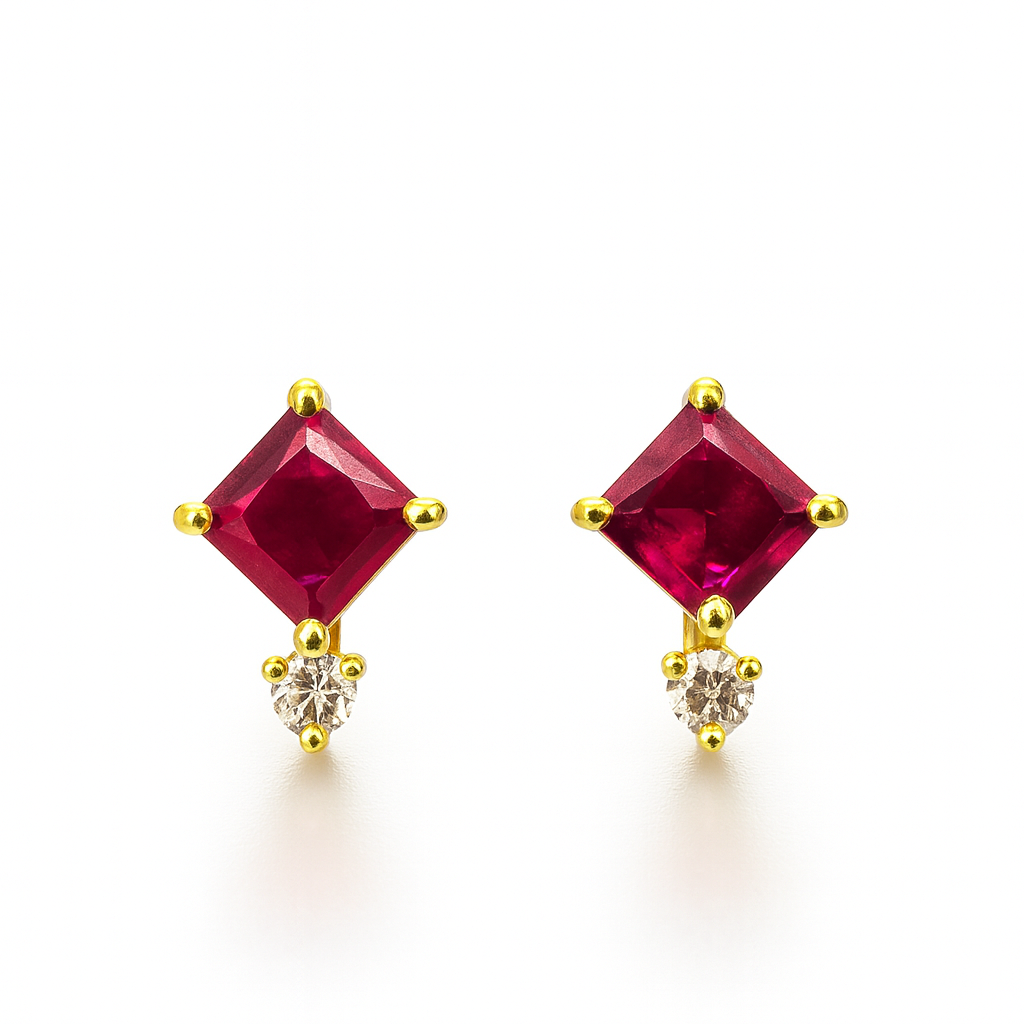 Ruby Stud Earrings – 18K Gold Plated Princess Cut with Zircon Accent