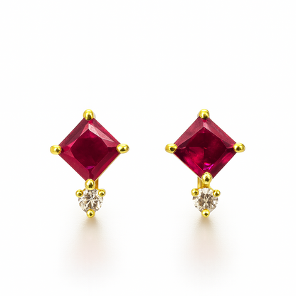 Ruby Stud Earrings – 18K Gold Plated Princess Cut with Zircon Accent