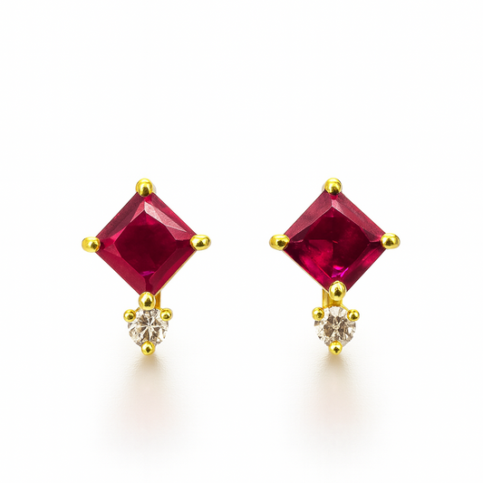 Ruby Stud Earrings – 18K Gold Plated Princess Cut with Zircon Accent