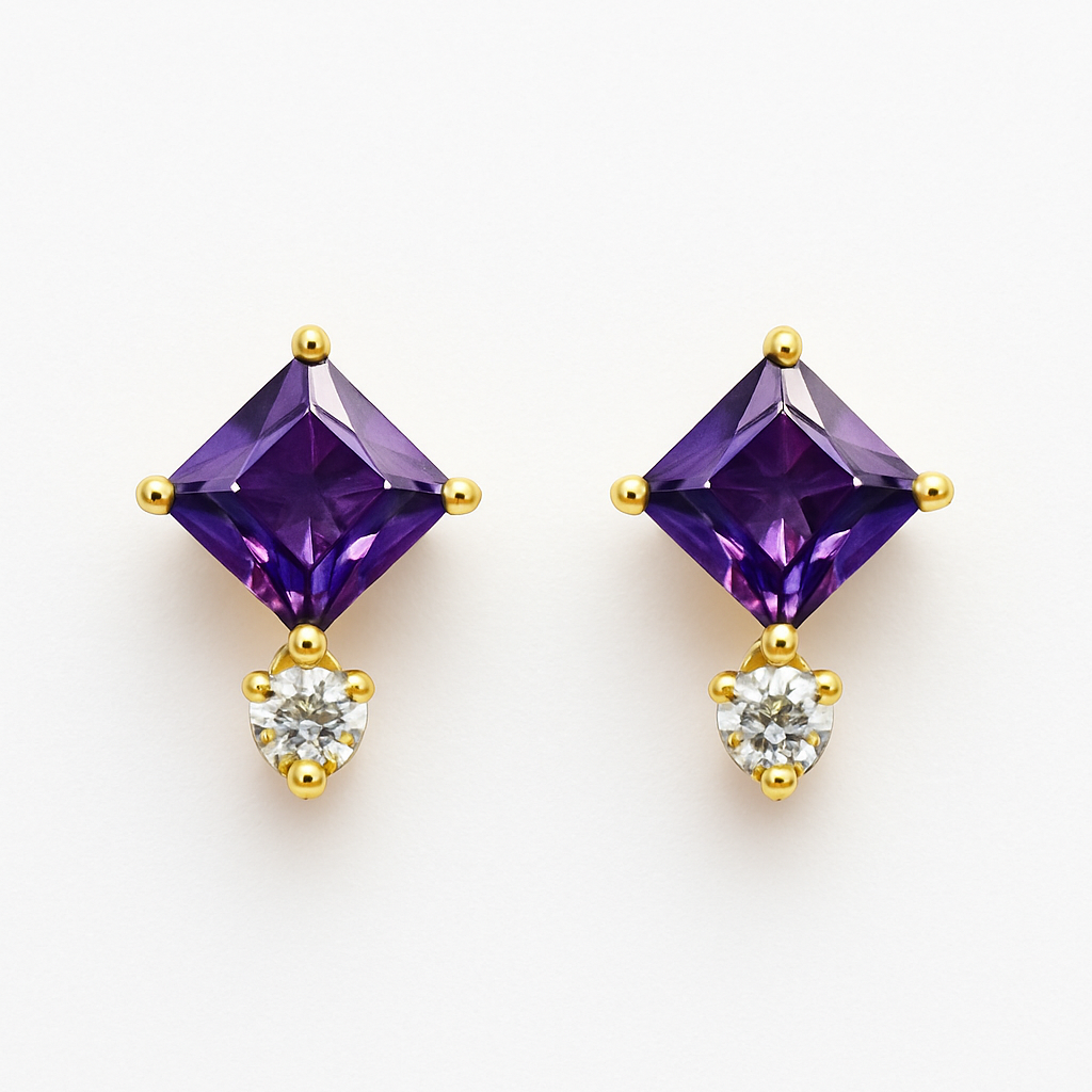 Purple Stud Earrings – 18K Gold Plated Princess Cut with Zircon Accent