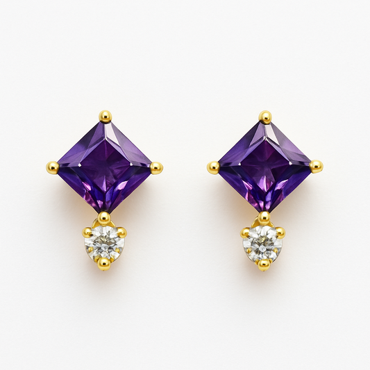 Purple Stud Earrings – 18K Gold Plated Princess Cut with Zircon Accent