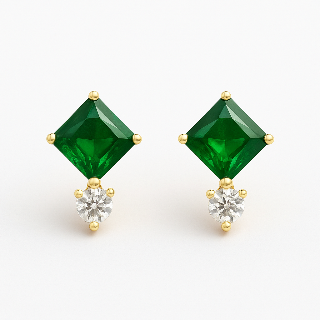 Emerald Stud Earrings – 18K Gold Plated Princess Cut with Zircon Accent