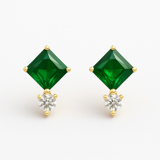 Emerald Stud Earrings – 18K Gold Plated Princess Cut with Zircon Accent
