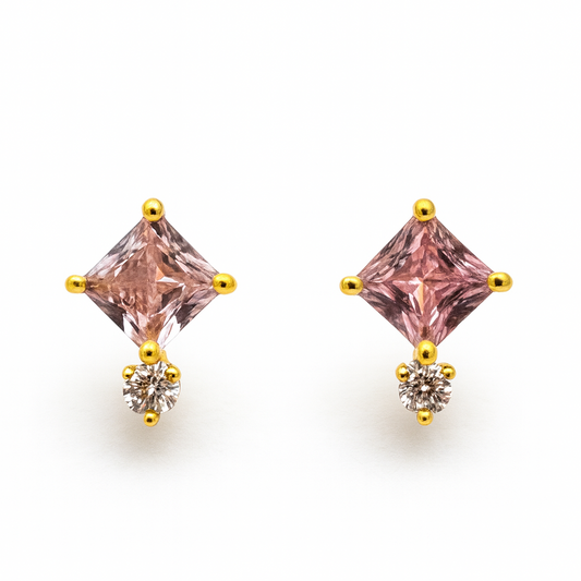 Pink Stud Earrings – 18K Gold Plated Princess Cut with Zircon Accent