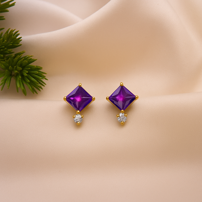 Purple Stud Earrings – 18K Gold Plated Princess Cut with Zircon Accent