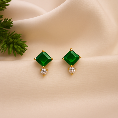 Emerald Stud Earrings – 18K Gold Plated Princess Cut with Zircon Accent