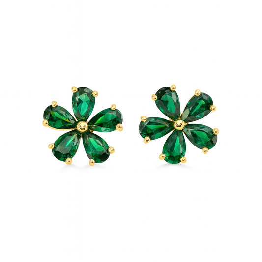 Emerald Stud  Earrings – 18K Gold Micron Plated Floral Design