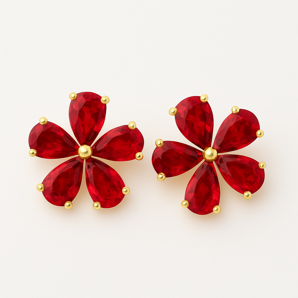 Ruby Stud  Earrings – 18K Gold Micron Plated Floral Design