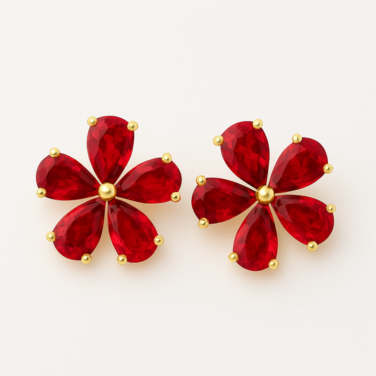 Ruby Stud  Earrings – 18K Gold Micron Plated Floral Design