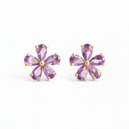 Purple Stud  Earrings – 18K Gold Micron Plated Floral Design