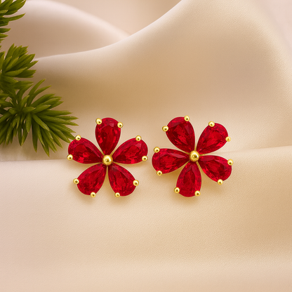 Ruby Stud  Earrings – 18K Gold Micron Plated Floral Design