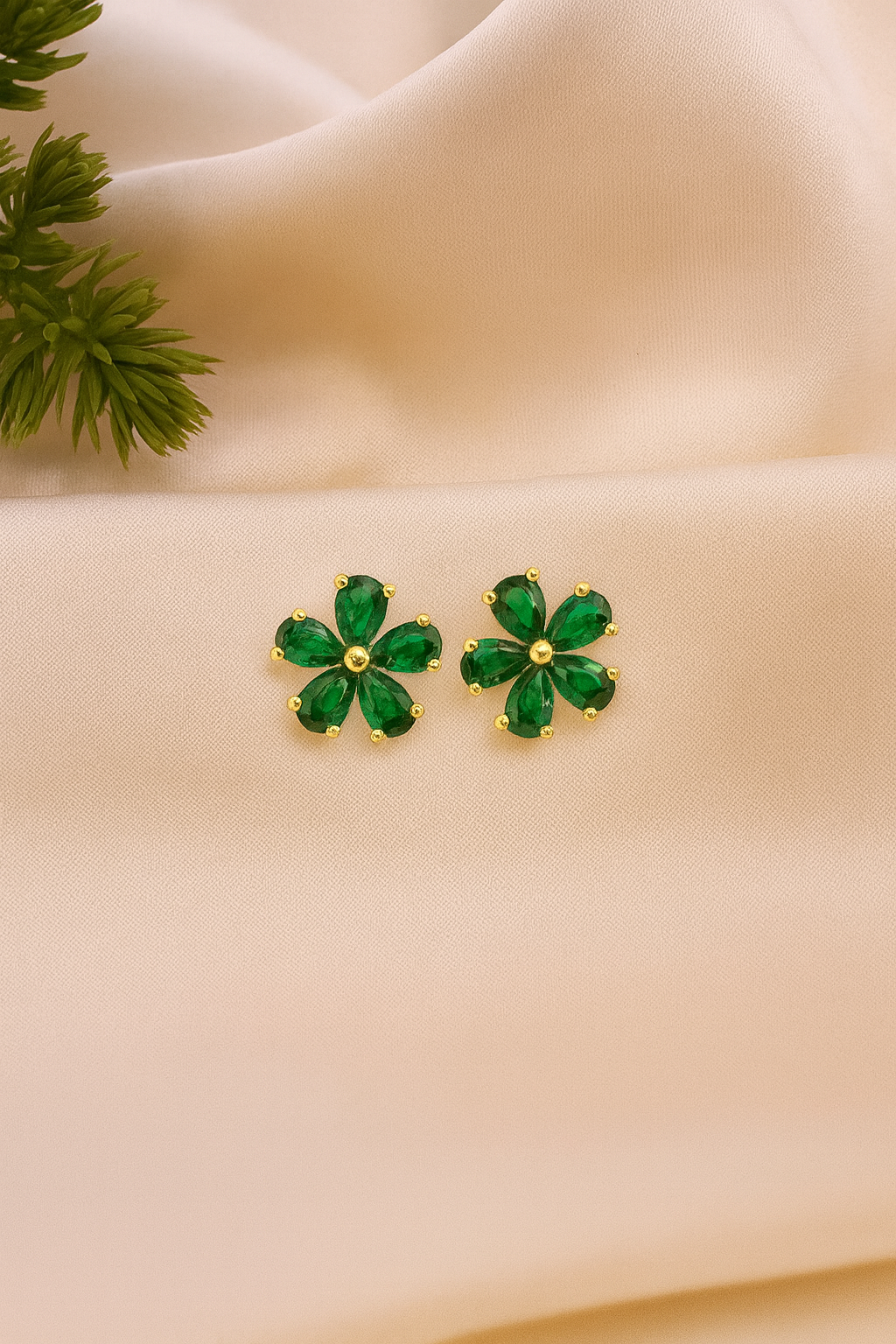 Emerald Stud  Earrings – 18K Gold Micron Plated Floral Design