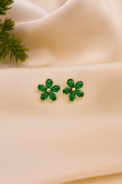 Emerald Stud  Earrings – 18K Gold Micron Plated Floral Design