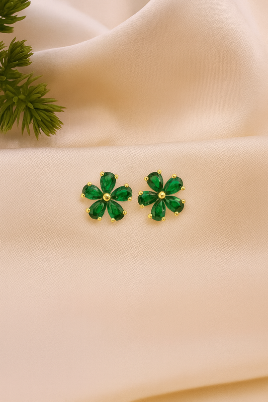 Emerald Stud  Earrings – 18K Gold Micron Plated Floral Design