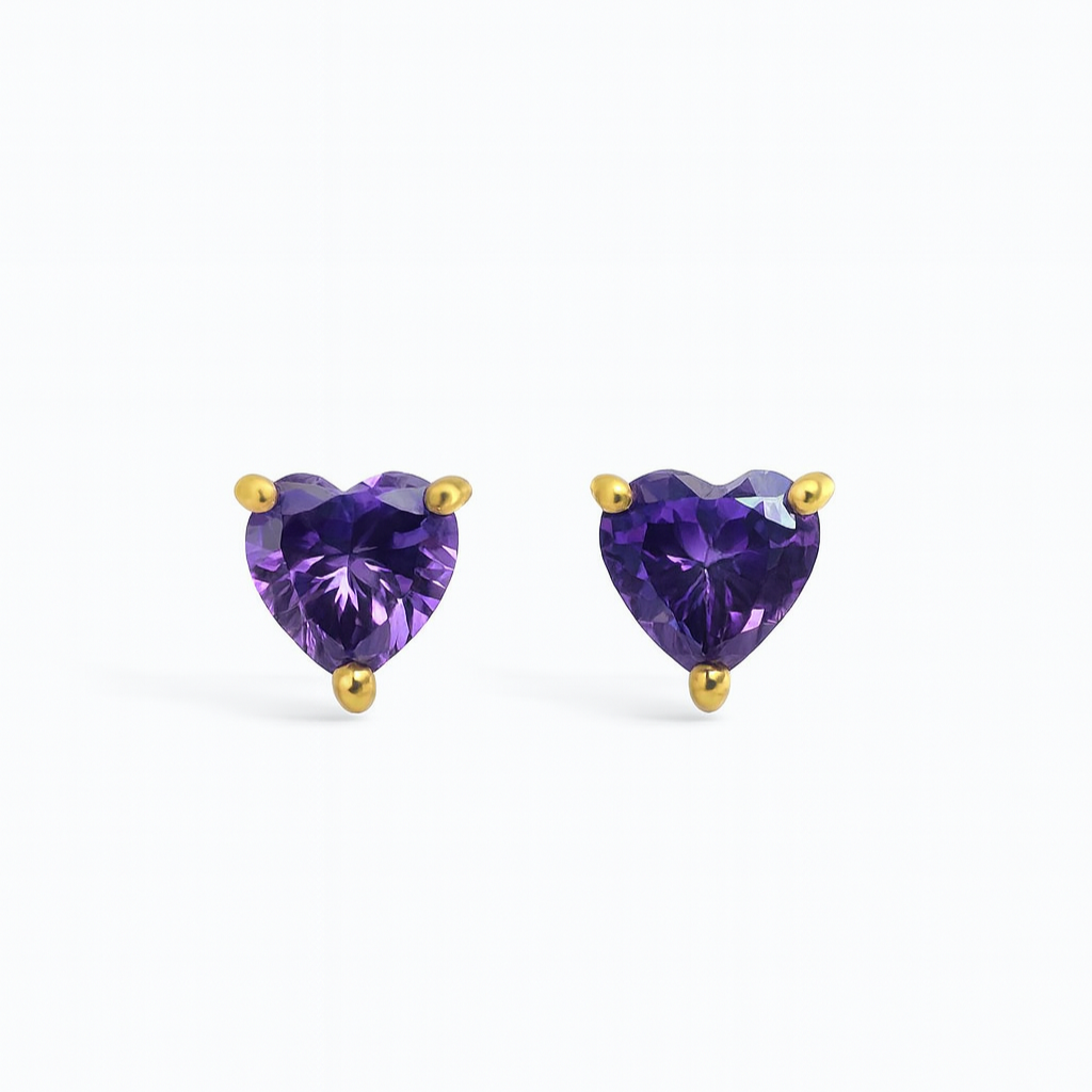 Purple Stud Earrings – 18K Gold Micron Plated Heart Design