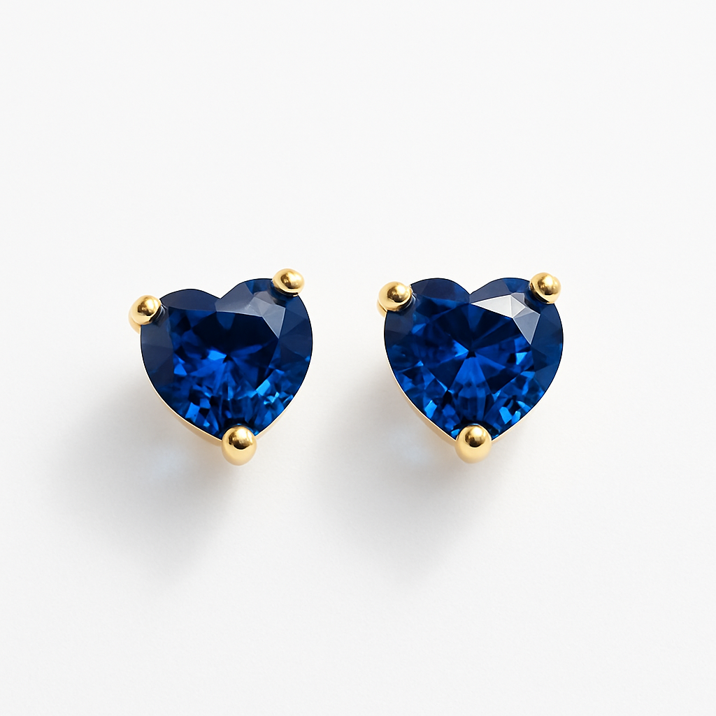Sapphire Stud  Earrings – 18K Gold Micron Plated Heart Design