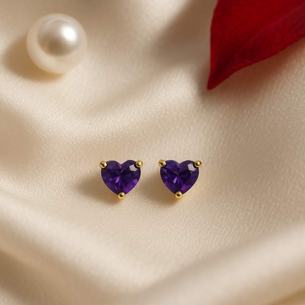 Purple Stud Earrings – 18K Gold Micron Plated Heart Design