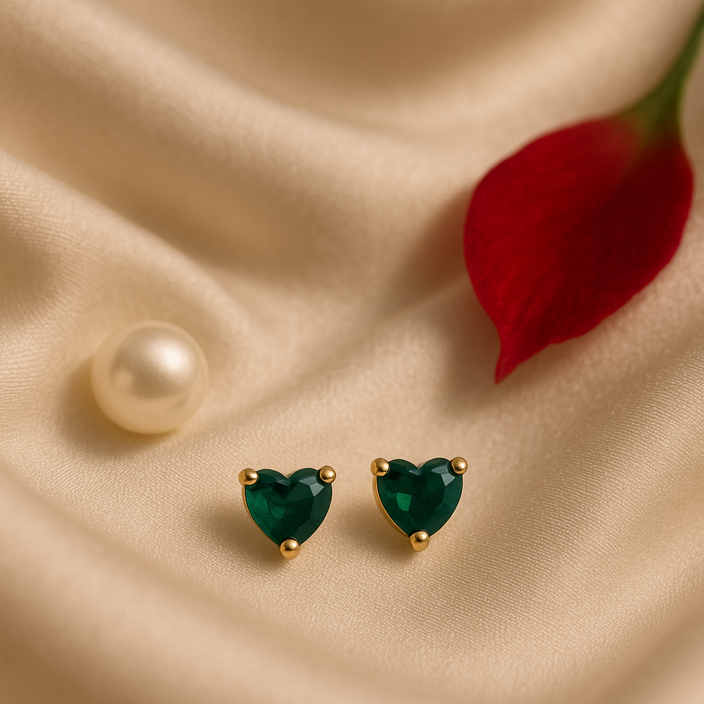 Emerald Stud  Earrings – 18K Gold Micron Plated Heart Design
