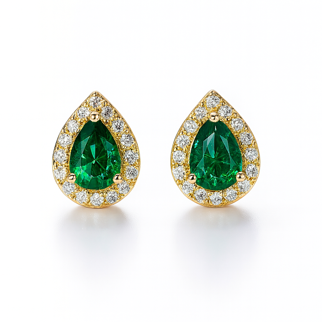 Emerald Stud Earrings – 18K Gold Micron Plated Pear Halo Design