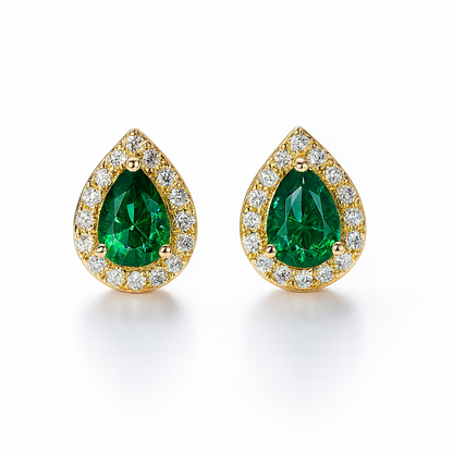 Emerald Stud Earrings – 18K Gold Micron Plated Pear Halo Design