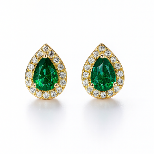 Emerald Stud Earrings – 18K Gold Micron Plated Pear Halo Design