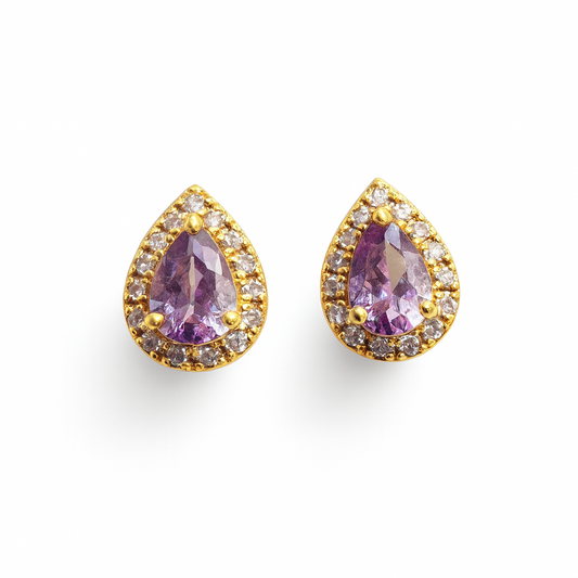 Pink Purple Stud  Earrings – 18K Gold Micron Plated Pear Halo Design