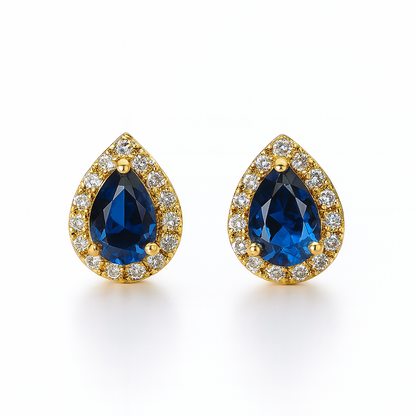 Sapphire Stud Earrings – 18K Gold Micron Plated Pear Halo Design