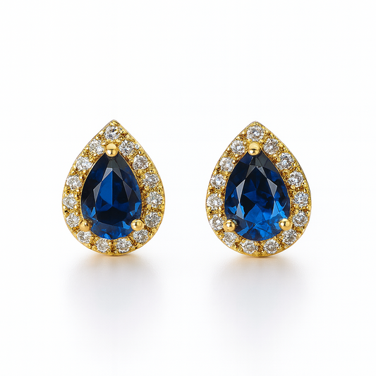 Sapphire Stud Earrings – 18K Gold Micron Plated Pear Halo Design