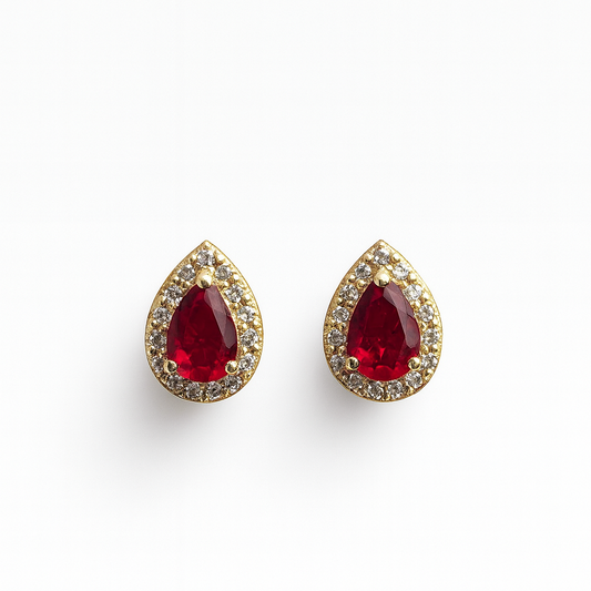 Ruby Stud  Earrings – 18K Gold Micron Plated Pear Halo Design