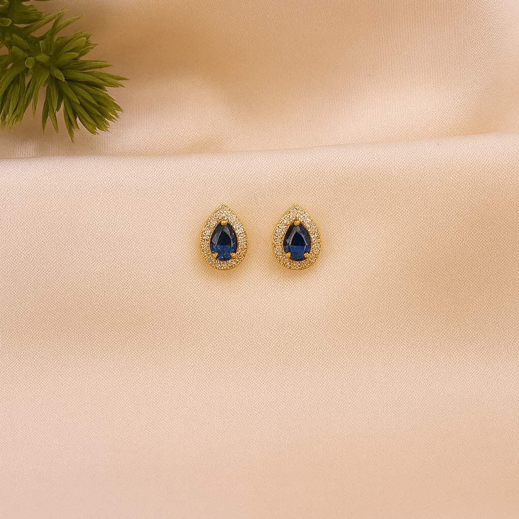 Sapphire Stud Earrings – 18K Gold Micron Plated Pear Halo Design