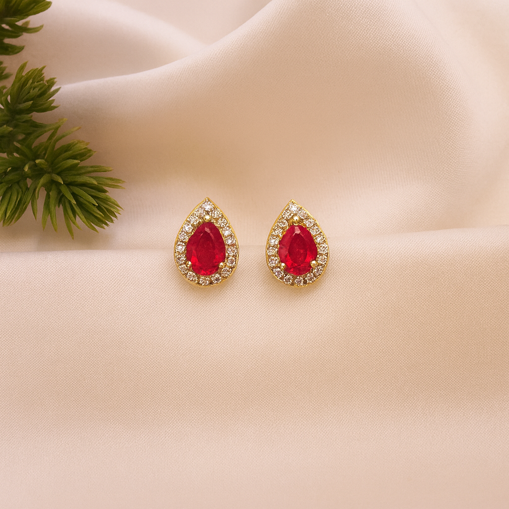 Ruby Stud  Earrings – 18K Gold Micron Plated Pear Halo Design