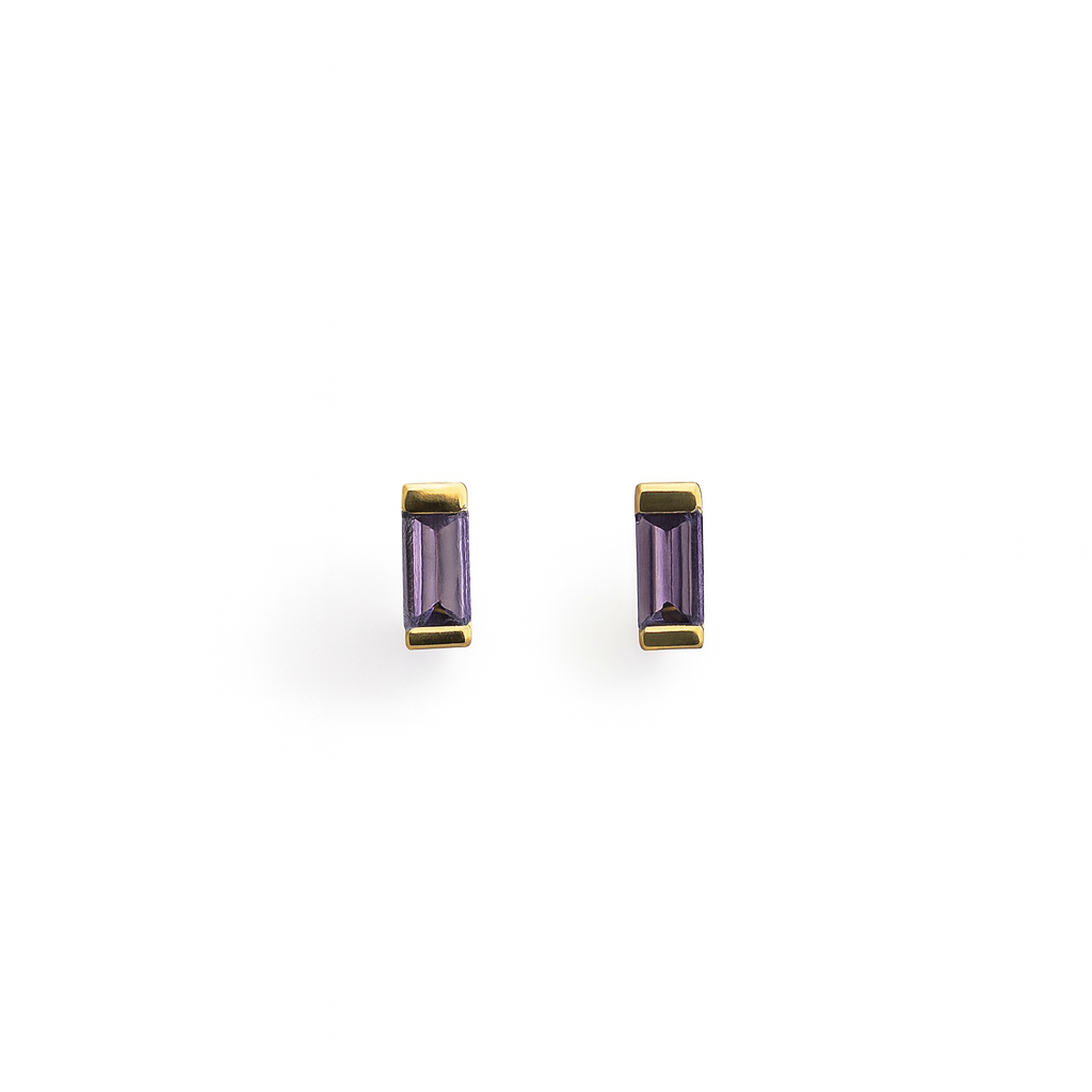 Purple Stud  Earrings – 18K Gold Micron Plated Baguette Design