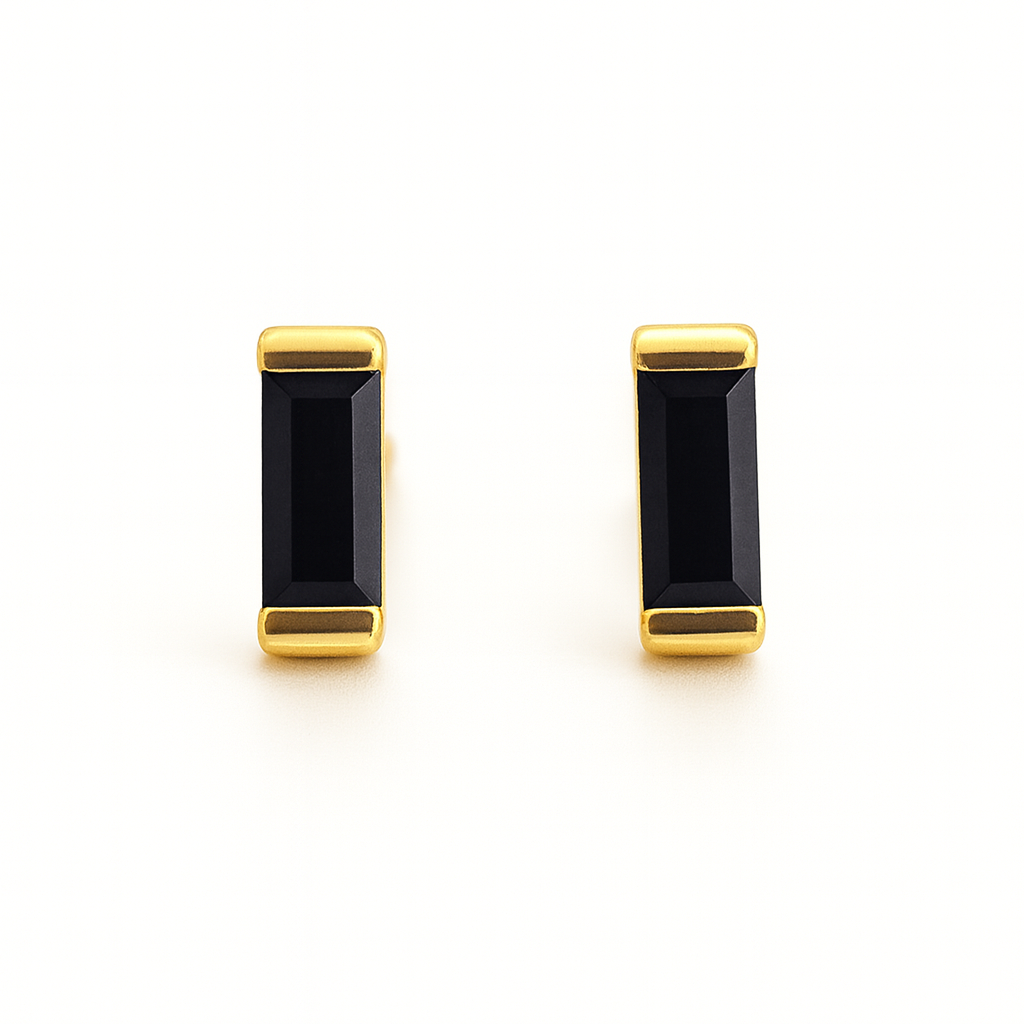 Black Stud Earrings – 18K Gold Micron Plated Baguette Design