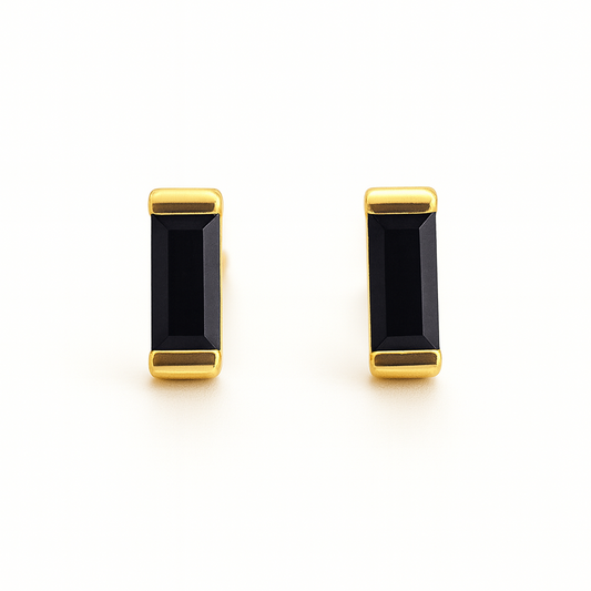 Black Stud Earrings – 18K Gold Micron Plated Baguette Design