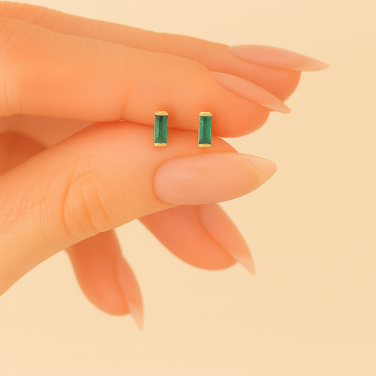 Emerald Stud  Earrings – 18K Gold Micron Plated Baguette Design