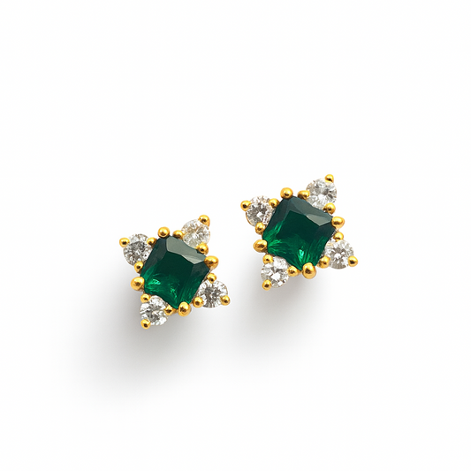 Emerald Stud  Earrings – 18K Gold Micron Plated Princess-Cut with Zircon Halo