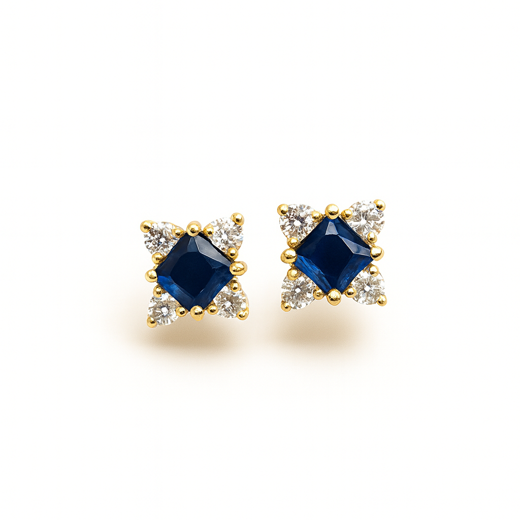 Sapphire Stud  Earrings – 18K Gold Micron Plated Princess-Cut with Zircon Halo